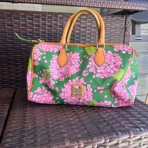 Dooney & Bourke Green and Pink hydrangea barrel satchel